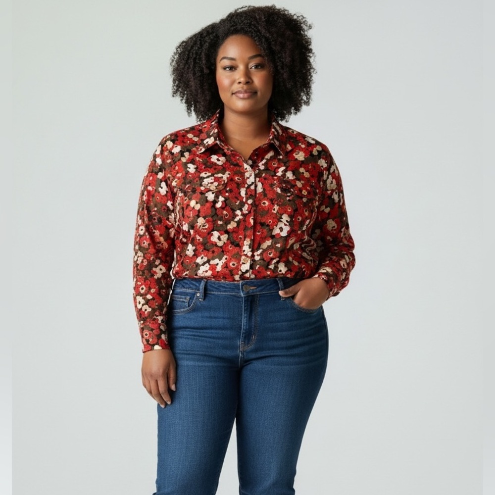 2/$30 Style & Co Red Floral Long Sleeve Button Down 100% Cotton Blouse Top